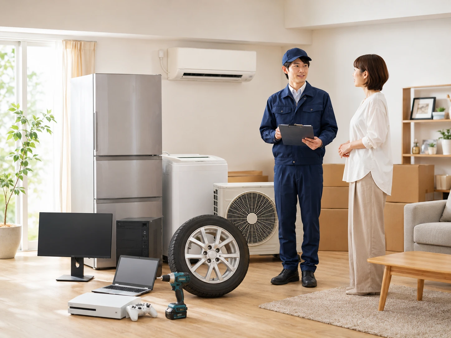 引っ越しや片付けで出た家電、工具、パソコン、ホイールをまとめて査定するイメージ